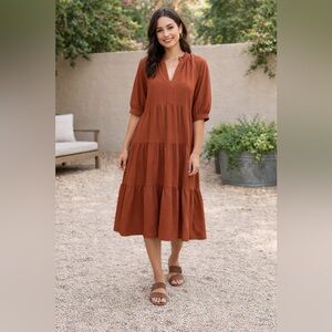 Amanda Uprichard Rust Tiered V-Neck Midi Dress